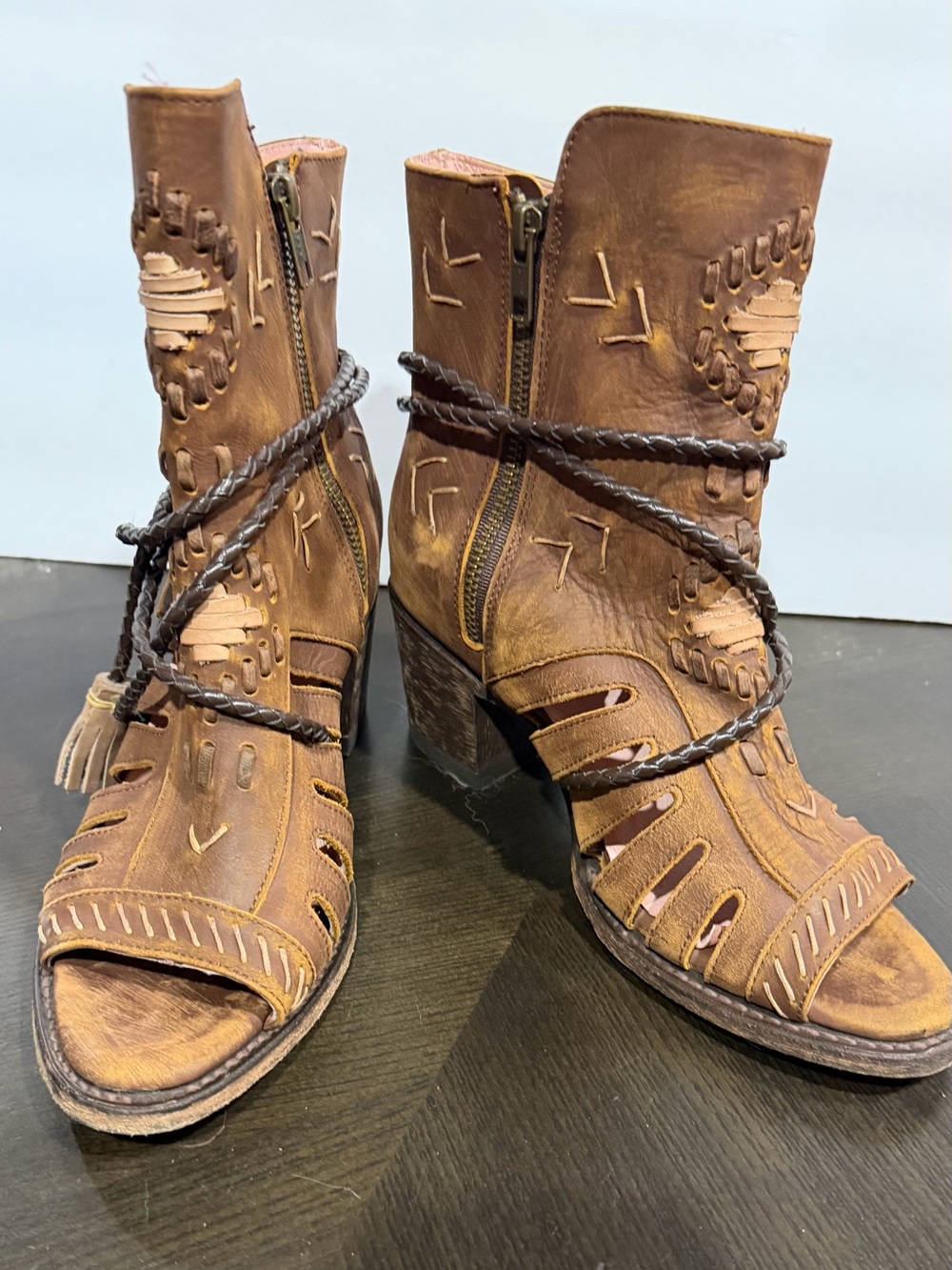Vintage-Inspired Brown Open-Toe Heeled Ankle Boots